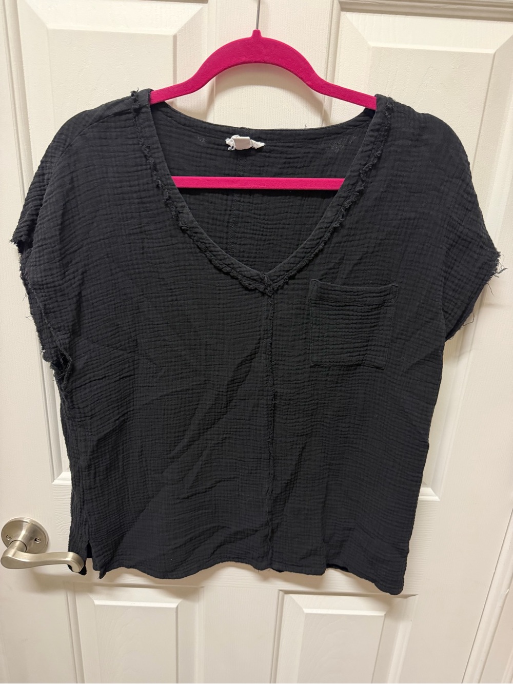 Casual Black V-Neck Short Sleeve Top - Unbranded